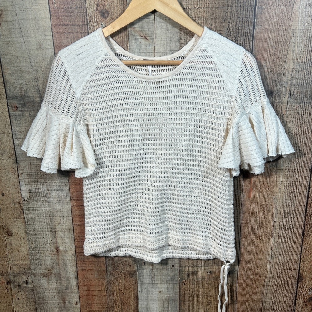 Free People Babes Only Cream Open Knit Ruffle Sleeve Sweater Top Medium Boho - Picture 1 of 8